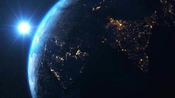 Erde aus dem Weltraum 3D-Animation Sonnenaufgang im Weltraum dunkle Nacht, Lichter der Städte, Sonnenaufgang. Weltplanetensterne, Nebel und Galaxie schwarzer Hintergrund