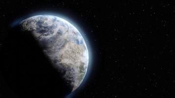 Erde aus dem Weltraum 3D-Animation Sonnenaufgang im Weltraum dunkle Nacht, Lichter der Städte, Sonnenaufgang. Weltplanetensterne, Nebel und Galaxie schwarzer Hintergrund