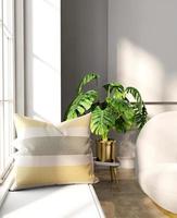 Almohada de sofá de renderizado 3D en sala blanca con planta