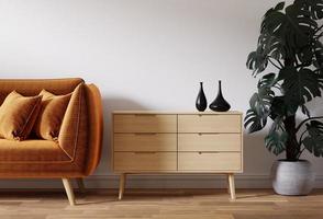 Habitación limpia y minimalista con sofá marrón, piso de madera y planta. Representación 3d