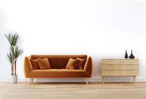Habitación limpia y minimalista con sofá marrón, piso de madera y planta. Representación 3d