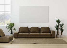 Maqueta de foto de marco de lienzo en una habitación limpia y minimalista con sofá y planta. Representación 3d