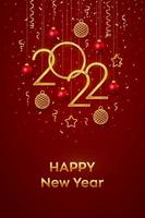 Happy New 2022 Year. Hanging Golden metallic numbers 2022 with shining 3D metallic stars, balls and confetti on red background. New Year greeting card, banner template. Realistic Vector illustration.