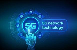 Sistemas inalámbricos de red 5g e internet de las cosas, ciudad inteligente y red de comunicación. Conexión wifi inalámbrica a internet móvil 5g. mano robótica tocando la interfaz digital. ilustración vectorial. vector