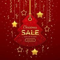 precio de venta de navidad y año nuevo. etiqueta roja realista colgando de una cuerda dorada. etiqueta de descuento con estrellas doradas y confeti. diseño de banner de navidad, publicidad, precio de marketing. ilustración vectorial. vector