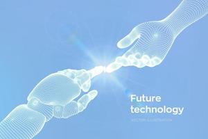 Hands of Robot and Human Touching. Cyborg finger about to touch human finger. Symbol of connection between people and artificial intelligence. Science, future technology. Vector Illustration.