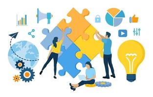 Teamwork concept. People connecting puzzle elements. Business team. Symbol of teamwork, cooperation, partnership, association and connection. Team metaphor. Business concept. Vector Illustration.