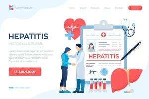 Medical diagnosis - Hepatitis. Concept of hepatitis A, B, C, D, cirrhosis, world hepatitis day. Doctor taking care of patient. Liver Cancer Awareness. Treat the deasesed liver. Vector illustration.