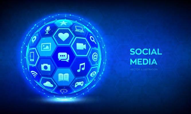 Social media global connection concept. Social networking and blogging. Abstract 3D sphere or globe with surface of hexagons with a different social media and computer icons. Vector illustration.