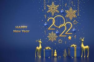 Happy New 2022 Year. Hanging golden metallic numbers 2022 with snowflakes, stars and balls on blue background. Gift boxes, deers, golden metallic pine or fir, cone shape spruce trees. Vector. vector