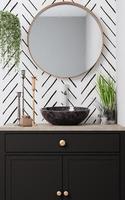 rounded mirror in washbasin with white wall 3d rendering photo