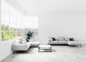 apartamento minimalista limpio con paredes blancas y sofá gris representación 3d