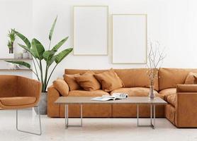 canvas frame photo mockup in clean minimalist room with brown sofa and plant 3d rendering