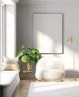 Lámpara y sofá dorado de renderizado 3D en una habitación blanca con marco de fotos
