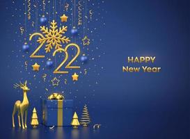 Happy New 2022 Year. Hanging golden metallic numbers 2022 with snowflake, stars, balls on blue background. Gift box, gold deer and metallic pine or fir, cone shape spruce trees. Vector illustration.