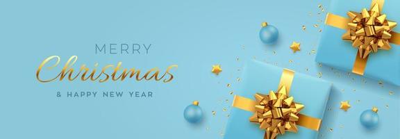 Christmas banner. Realistic blue gift boxes with golden bow, gold stars, balls and glitter confetti. Xmas background, horizontal christmas poster, greeting cards, headers website. Vector illustration.