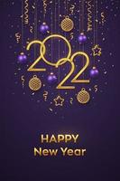 Happy New 2022 Year. Hanging Golden metallic numbers 2022 with shining 3D metallic stars, balls and confetti on purple background. New Year greeting card or banner. Realistic Vector illustration.