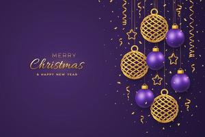 Christmas banner with shining hanging gold and purple balls golden stars and with confetti on purple background. Greeting card with copyspace. New Year poster, cover. Holiday decoration. Vector
