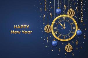 feliz año nuevo 2022. reloj dorado brillante con números romanos y cuenta regresiva medianoche, víspera de año nuevo. fondo con brillantes bolas de oro y azul. Feliz Navidad. vacaciones de navidad. ilustración vectorial.