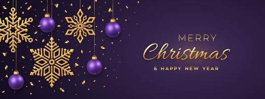 Christmas purple background with hanging shining golden snowflakes and balls. Merry christmas greeting card. Holiday Xmas and New Year poster, web banner, header website. Vector Illustration.