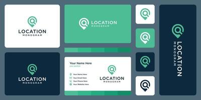 pin logo, location and initial letter q. business card design. vector