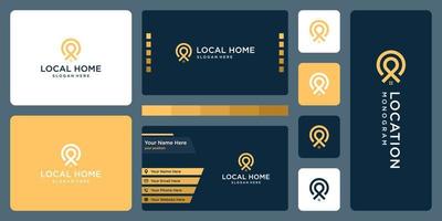 pin logo, ubicación y logo de la casa. diseño de tarjetas de visita. vector