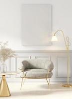 Maqueta de lienzo de render 3d en habitación con sillón y mesa dorados foto