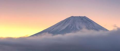 Panorama beautiful natural landscape view of Mount Fuji during sunrise in winter season at Japan.