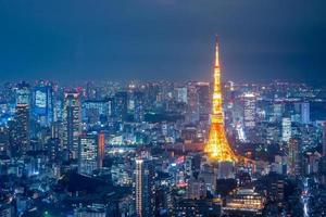 Aerial view over Tokyo tower and Tokyo cityscape view from Roppongi Hills at night. photo