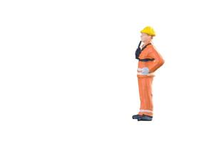 Miniature people engineer and worker occupation isolated with clipping paht on white background. Elegant Design with copy space for placement your text, mock up for industrial and construction concept photo