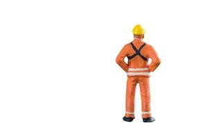 Miniature people engineer and worker occupation isolated with clipping paht on white background. Elegant Design with copy space for placement your text, mock up for industrial and construction concept photo