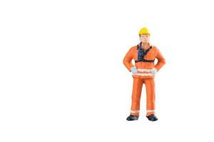 Miniature people engineer and worker occupation isolated with clipping paht on white background. Elegant Design with copy space for placement your text, mock up for industrial and construction concept photo