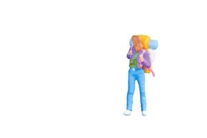 Close up of Miniature backpacker and tourist people isolated with clipping paht on white background.Elegant Design with copy space for placement your text, mock up for travel concept photo