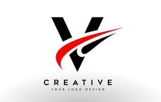 Diseño de logotipo de letra v creativo negro y rojo con vector icono swoosh.