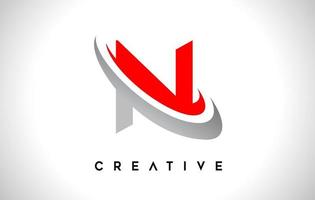 logotipo de la letra n. vector de diseño de letra n con vector de swash gris rojo