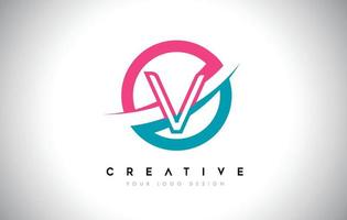 V Letter Design logo icon with circle and swoosh design Vector and blue pink color.