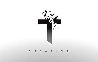 T Logo Letter with Flock of Birds Flying and Disintegrating from the Letter. vector