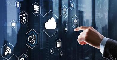 Futuristic Display. Cloud computing touchscreen interface business man finger touch cloud photo
