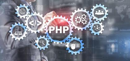 PHP coding Concept. Programmer search. Technology Background photo