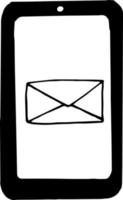 smartphone with envelope on screen icon, sticker. sketch hand drawn doodle style. , minimalism, monochrome. telephone, social networks, technology electronics message letter communication vector