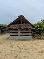 a wooden hut with a roof of dried leaves