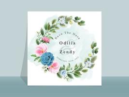 Beautiful blue and pink flowers wedding invitation card vector