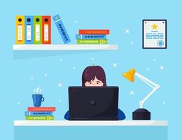 Business woman working at desk. Office interior with computer, laptop, documents, table lamp, coffee. Manager sitting on chair. Workplace for worker, employee. Vector flat design