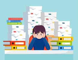 Business woman working at desk. Pile of paper, busy businesswoman with stack of documents in carton, cardboard box, help sign. Paperwork. Bureaucracy concept. Stressed employee. Vector cartoon design