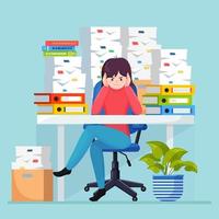 Business woman working at desk. Pile of paper, busy businesswoman with stack of documents in carton, cardboard box, help sign. Paperwork. Bureaucracy concept. Stressed employee. Vector cartoon design