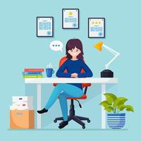 Business woman working at desk. Office interior with computer, laptop, documents, table lamp, coffee. Manager sitting on chair. Workplace for worker, employee. Vector flat design