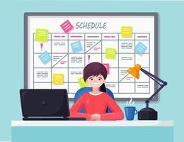 mujer de negocios que trabaja en el horario de planificación de escritorio en concepto de tablero de tareas. planificador, calendario en pizarra. lista de eventos para el empleado. trabajo en equipo, colaboración, gestión del tiempo. diseño plano vectorial vector