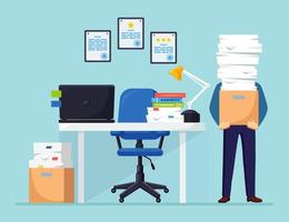 Office interior with desk, chair, computer. Pile of paper, busy businessman with stack of documents in carton, cardboard box. Paperwork. Bureaucracy concept. Stressed employee. Vector flat design