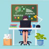 Business analysis, data analytics, research statistic, planning. Woman working at desk in office. Graph, charts, diagram on chalkboard. People analyze, plan development, marketing. Vector flat design