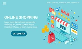 Online shopping concept. Buy in retail shop by internet. Discount sale. 3d isometric computer, laptop with money, credit card, customer review, feedback, bag, package. Vector design for web banner